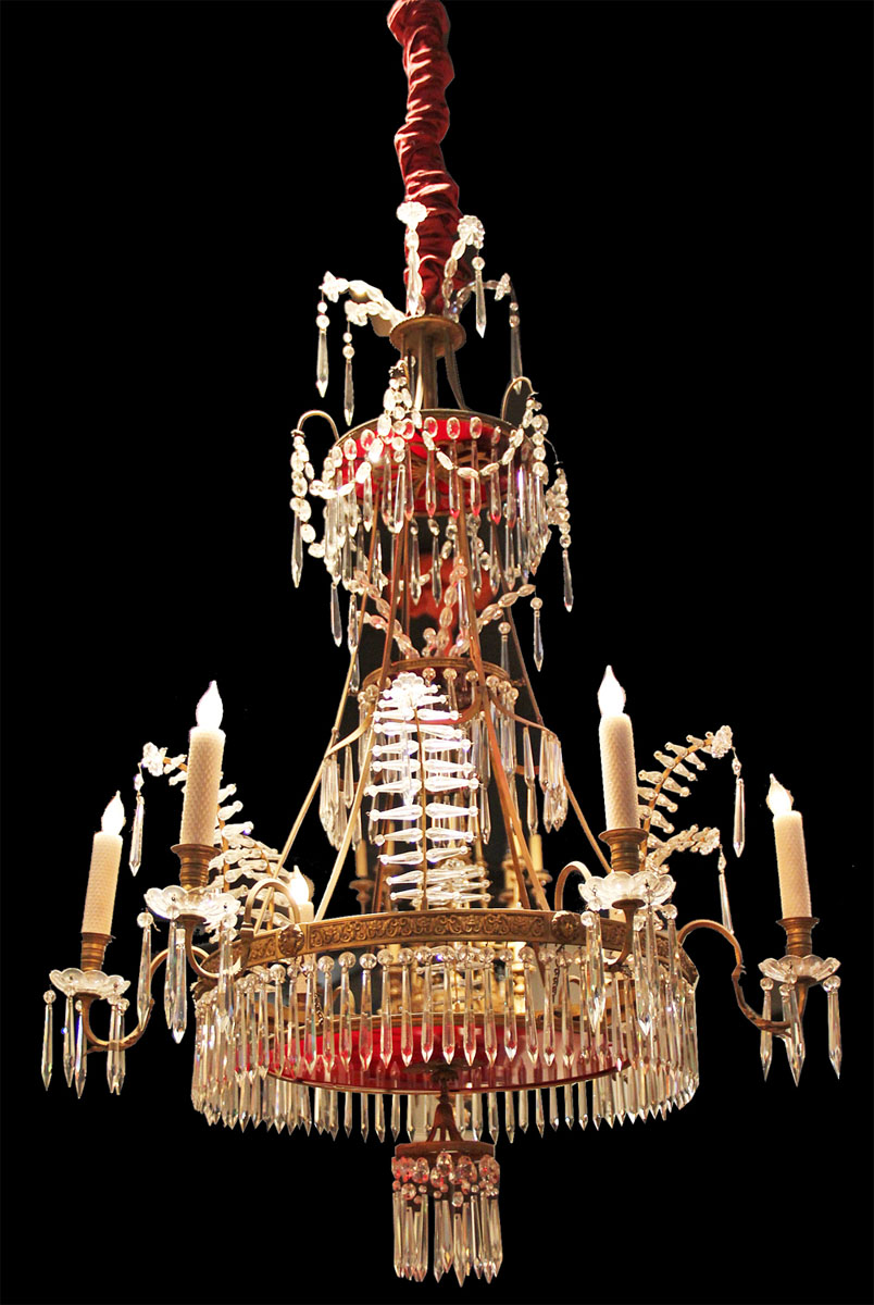 A Russian 19th Century Gilt-Bronze, Clear and Red Glass Six-Light Chandelier in the Neoclassical Taste 1547
