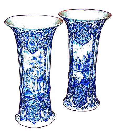 An English Pair of Intricately Decorated 19th Century Fluted Delft Beaker-Form Vases No. 1037