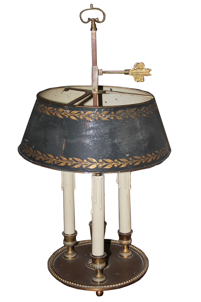 A 19th Century Brass Black Tole Shade Bouillotte Lamp No. 164