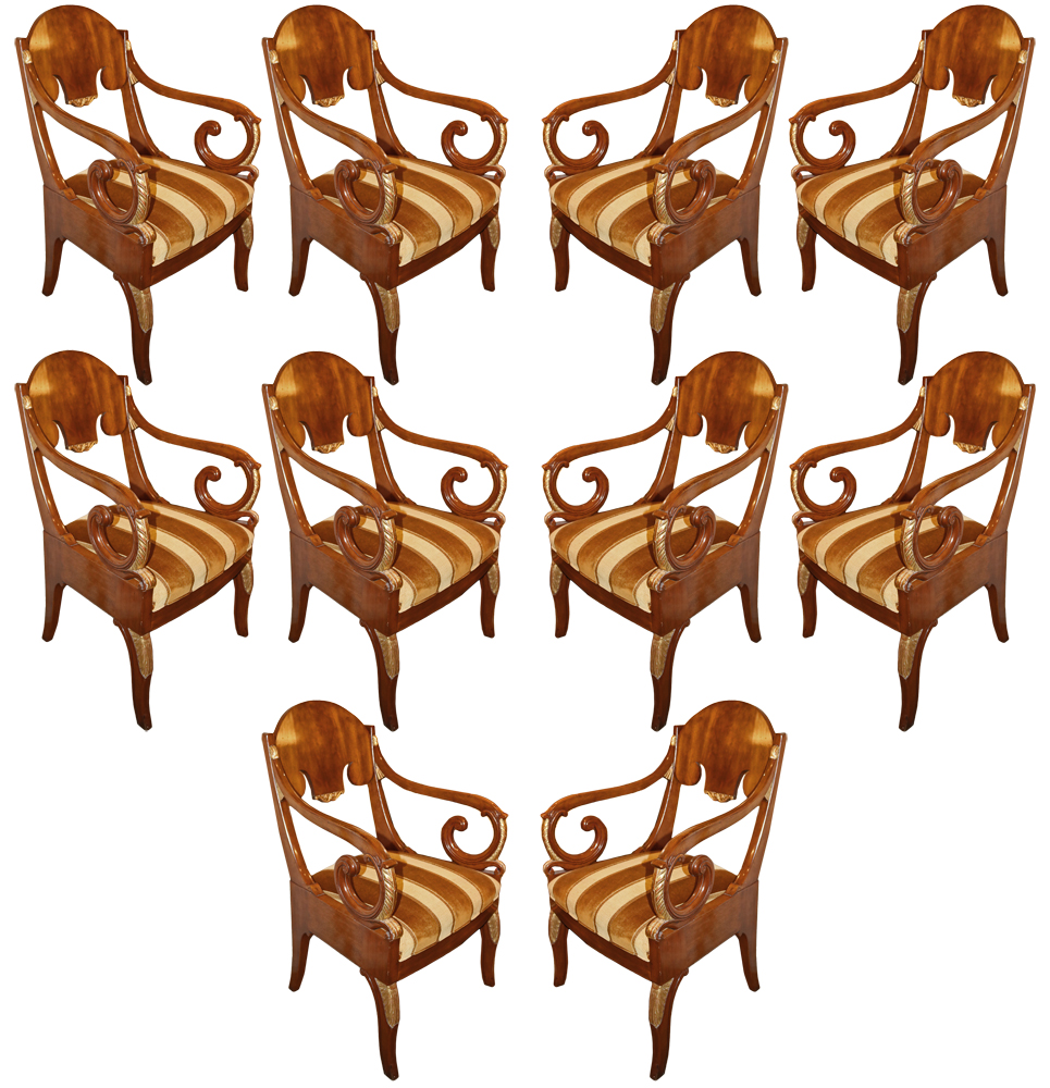 A Set of Ten 19th Century Russian Empire Mahogany and Parcel-Gilt Armchairs No. 1830