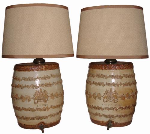 A Pair of 19th Century Ceramic Brandy and Scotch Ceramic Barrel Dispensers Now Lamps No. 3027