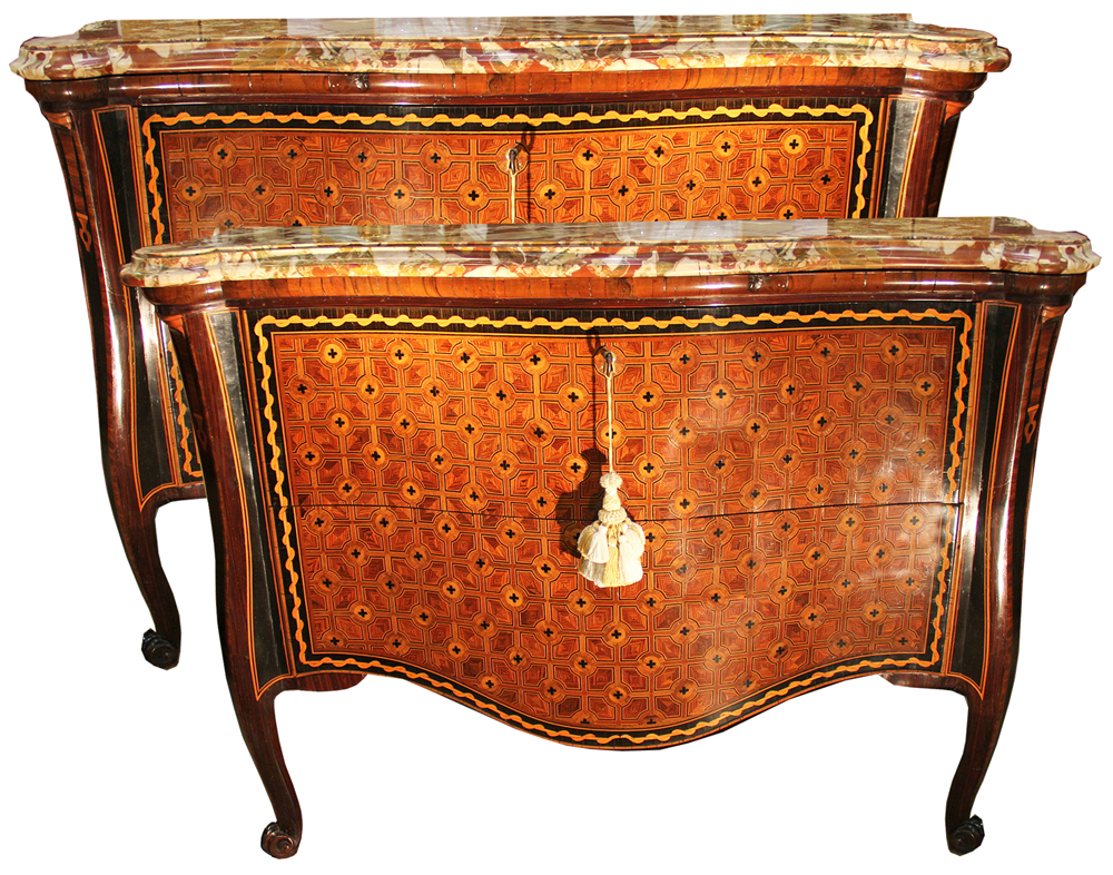 A Remarkable Pair of 18th Century Italian Parquetry Arbalette Commodes No. 2349