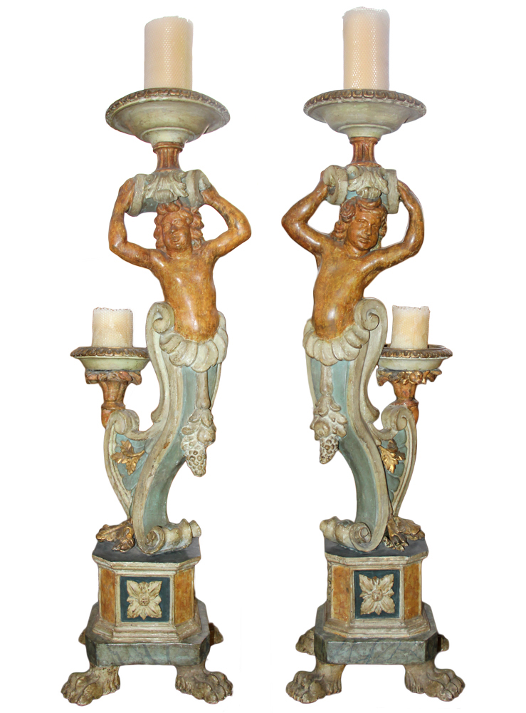 A Pair of 18th Century Polychrome and Parcel-Gilt Torchère Pedestals No. 2382
