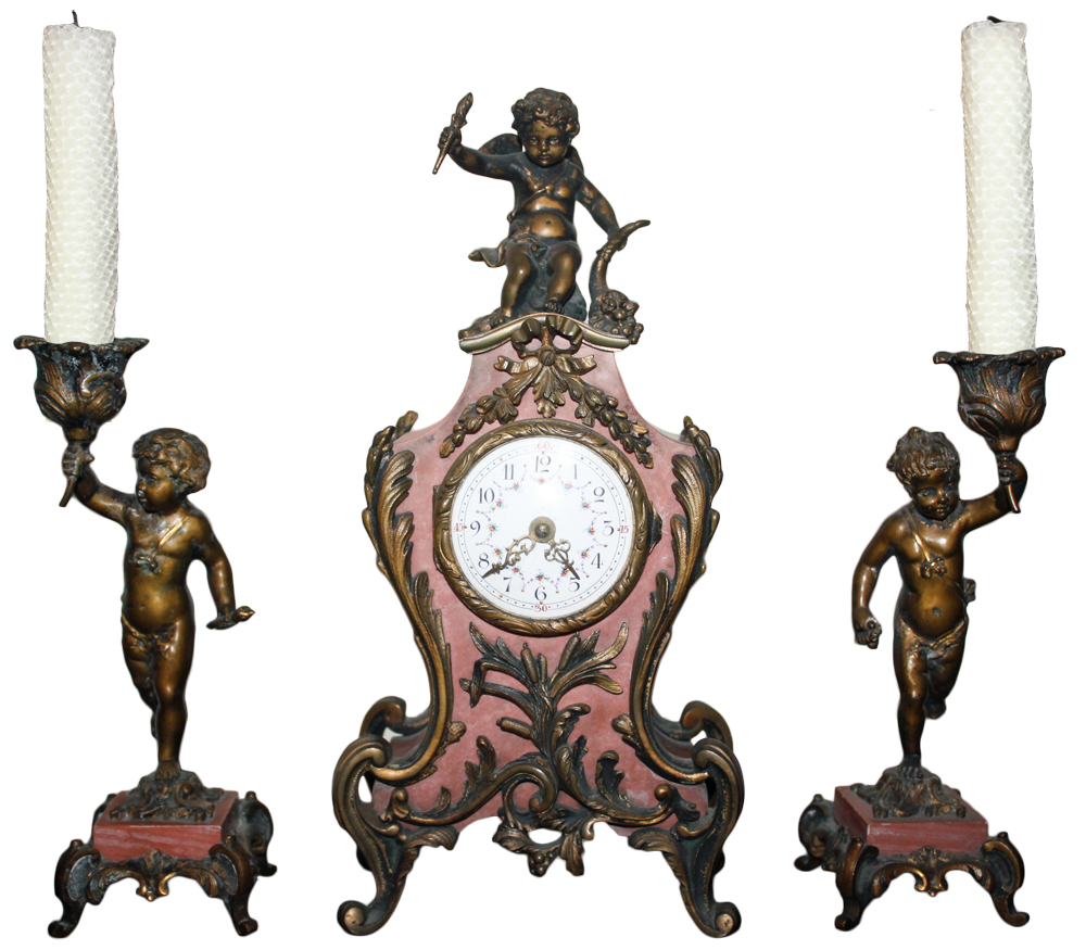 A 19th Century Louis XV en Suite Marble and Bronze Mantle Clock and Pair of Candlesticks No. 2395