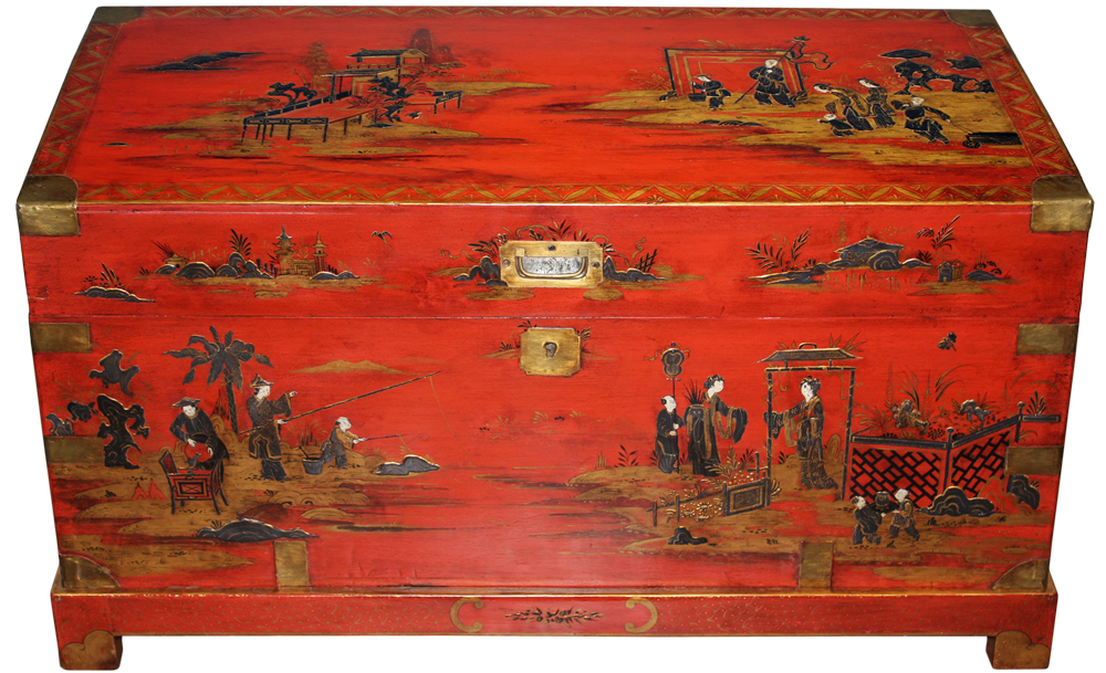 A Vermilion Lacquered 19th Century English Chinoiserie Wood Trunk with Brass Fittings No. 2422
