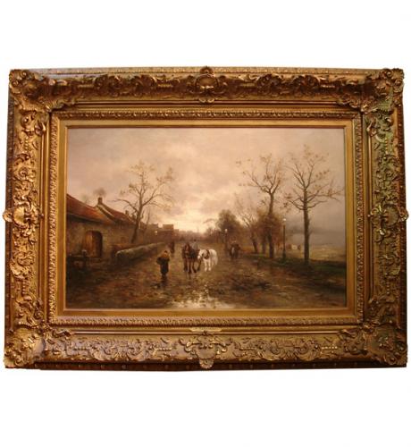 A 19th Century Italian Oil on Canvas,"Peasants with Horses on Village Road" No. 2435