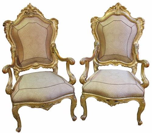 A Regal Pair of 18th Century Carved Giltwood Italian Louis XV Armchairs No. 3767