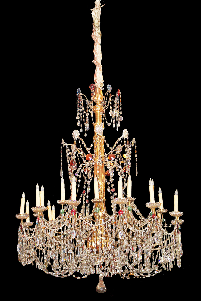 A Massive 18th Century 21-Light Genovese Parcel-Gilt and Crystal Chandelier No. 3047
