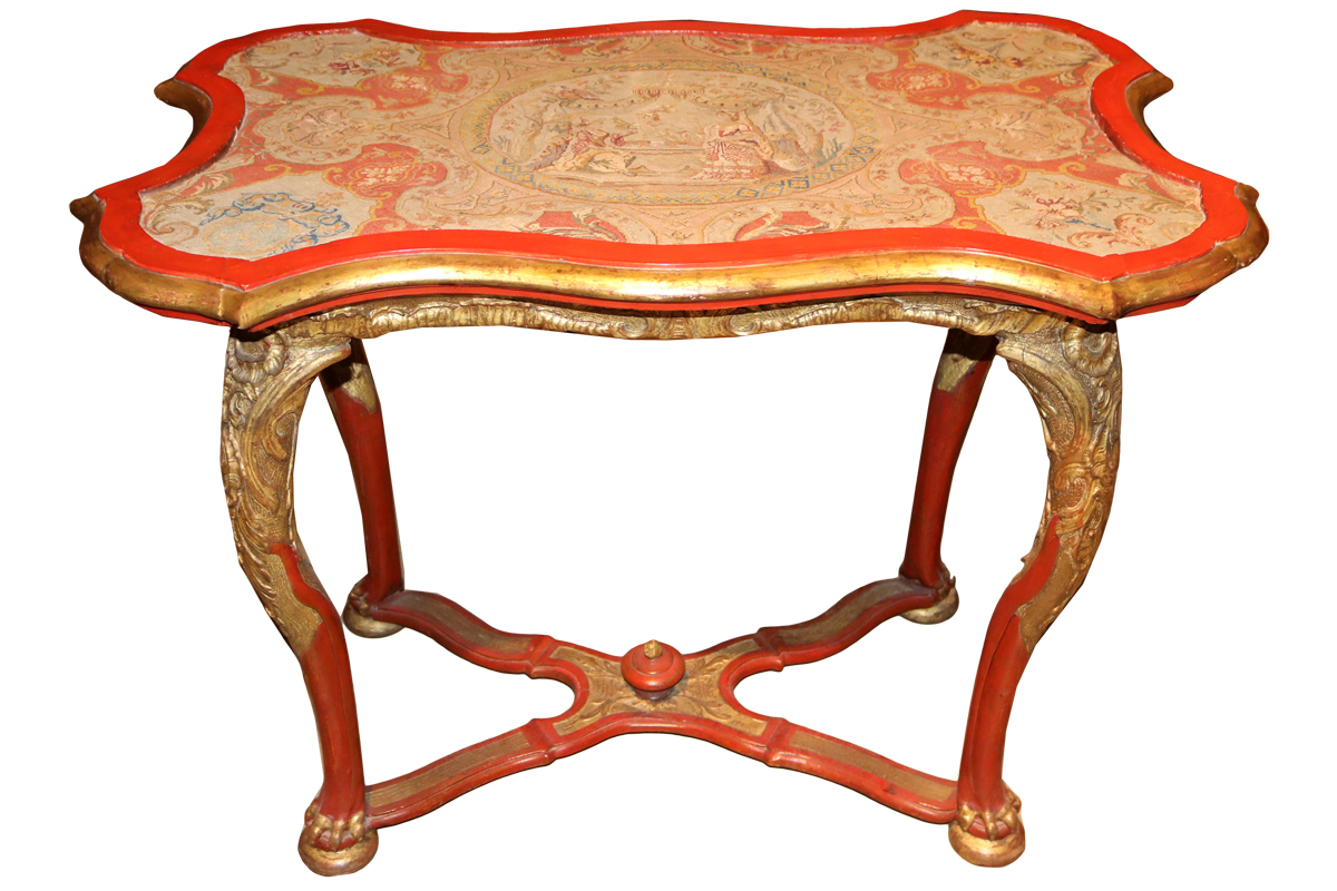 An Unusual 18th Century Vermillion Polychrome and Parcel-Gilt Venetian Needlepoint Topped Side Table No. 3306
