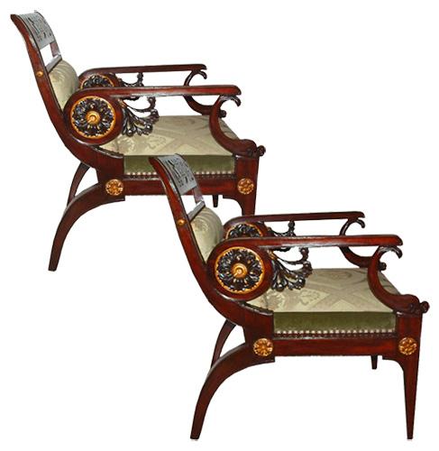 An Unusual Pair of Prussian 19th Century Mahogany Parcel-Gilt and Polychrome Egyptian Revival Armchairs No. 2775