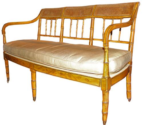 A 19th Century Quintessentially English Regency (Circa 1830) Caned Polychrome and Faux Bamboo Settee No. 4400