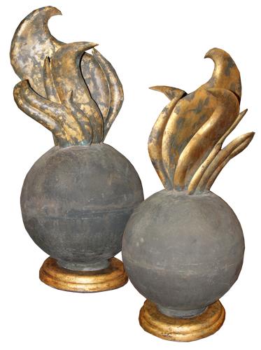 A Pair of Highly Unusual 18th Century French Tin and Parcel-Gilt Flame Finials No. 4450