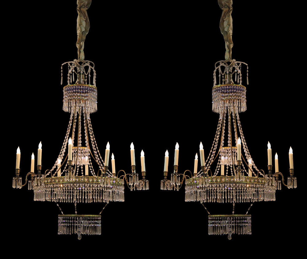 A Pair of Magnificent 12-Light 19th Century Russian Cobalt Blue, Clear Crystal and Gilt Chandeliers 3594
