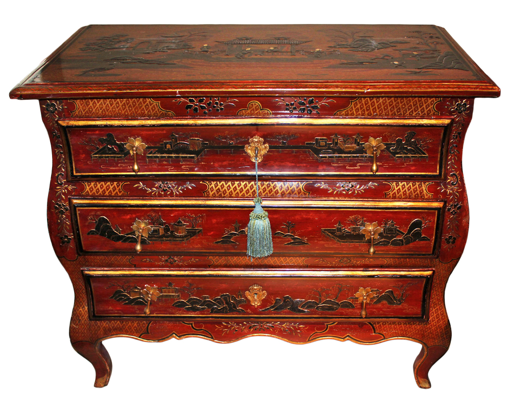 An 18th Century French Louis XV Red Chinoiserie Three-Drawer Commode No. 3628