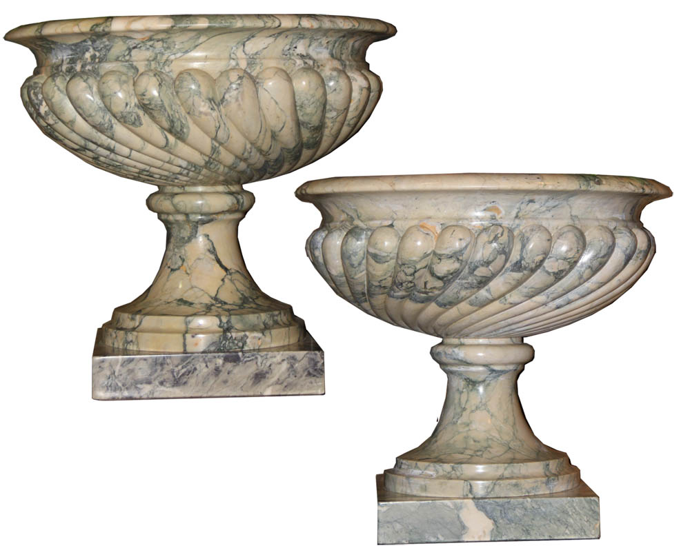 A Palazzo Scaled Pair of Green and Grey Solid Marble Tazza Urns No. 3648