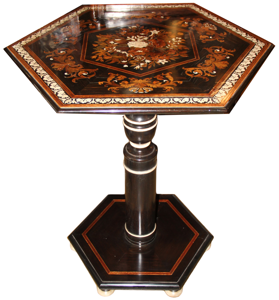 An Unusual 18th Century Italian Ebony and Bone Hexagonal Marquetry Side Table No. 3694