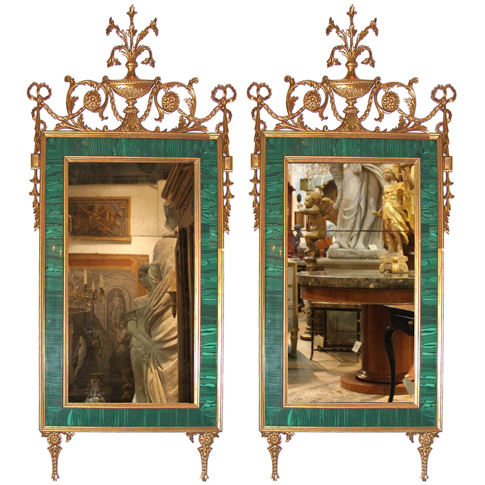 A Magnificent Pair of 18th Century Italian Louis XVI Malachite and Giltwood Pier Mirrors No. 3722