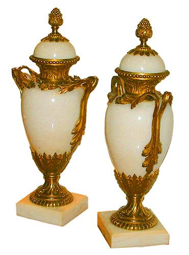 A Graceful Pair of 19th Century Ormolu-Mounted Bianco Buca Marble Urns No. 2447