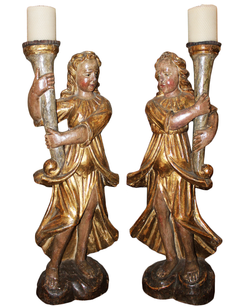 A Pair of 17th Century Venetian Polychrome and Giltwood Angel Torcherès No. 4051