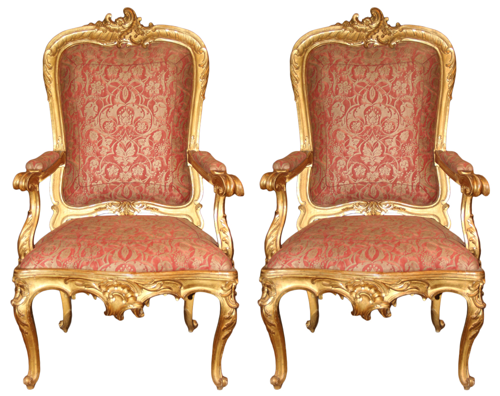 An Exceptional Pair of Roman Louis XV Giltwood Rocaille Fauteuil Armchairs No. 4116