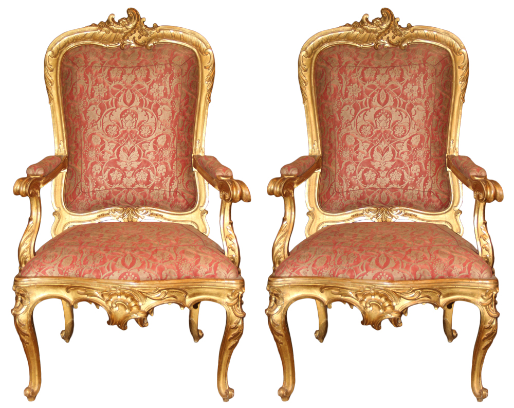 A Pair Of Italian 18th Century Louis XV/XVI Giltwood Throne Armchairs