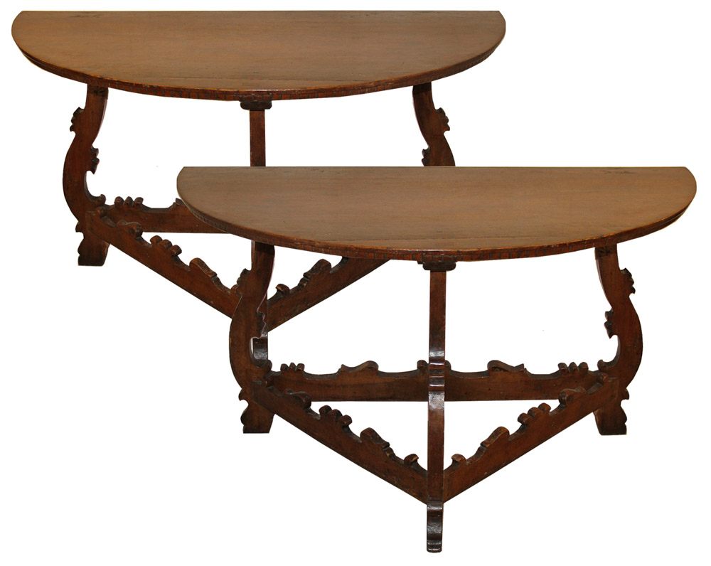 A Pair of 18th Century Tuscan Demilune Walnut Consoles No. 4447