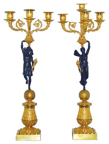 A Pair of 19th Century Italian Neoclassical Gilt & Patinated Bronze Winged Figural Candelabras No. 1057