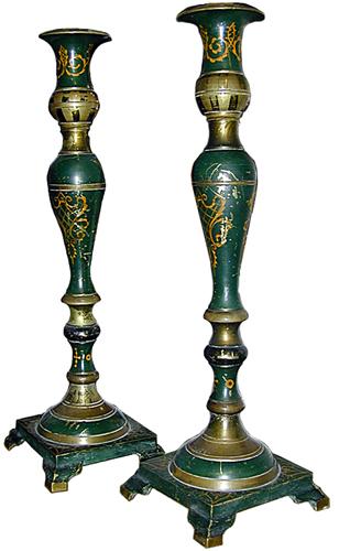 A Rare Pair of 19th Century Italian Green Polychrome Brass Candlesticks No. 518