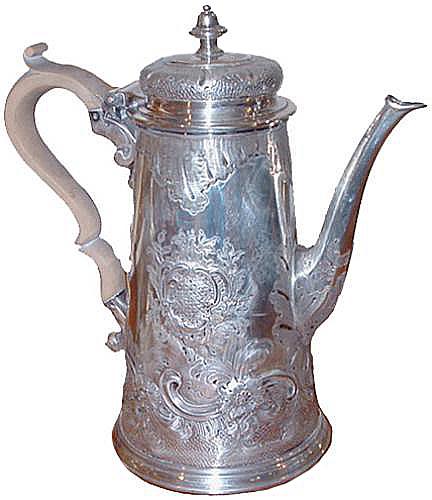 A 19th Century English Repoussé Silvered Coffee Pot No. 2427