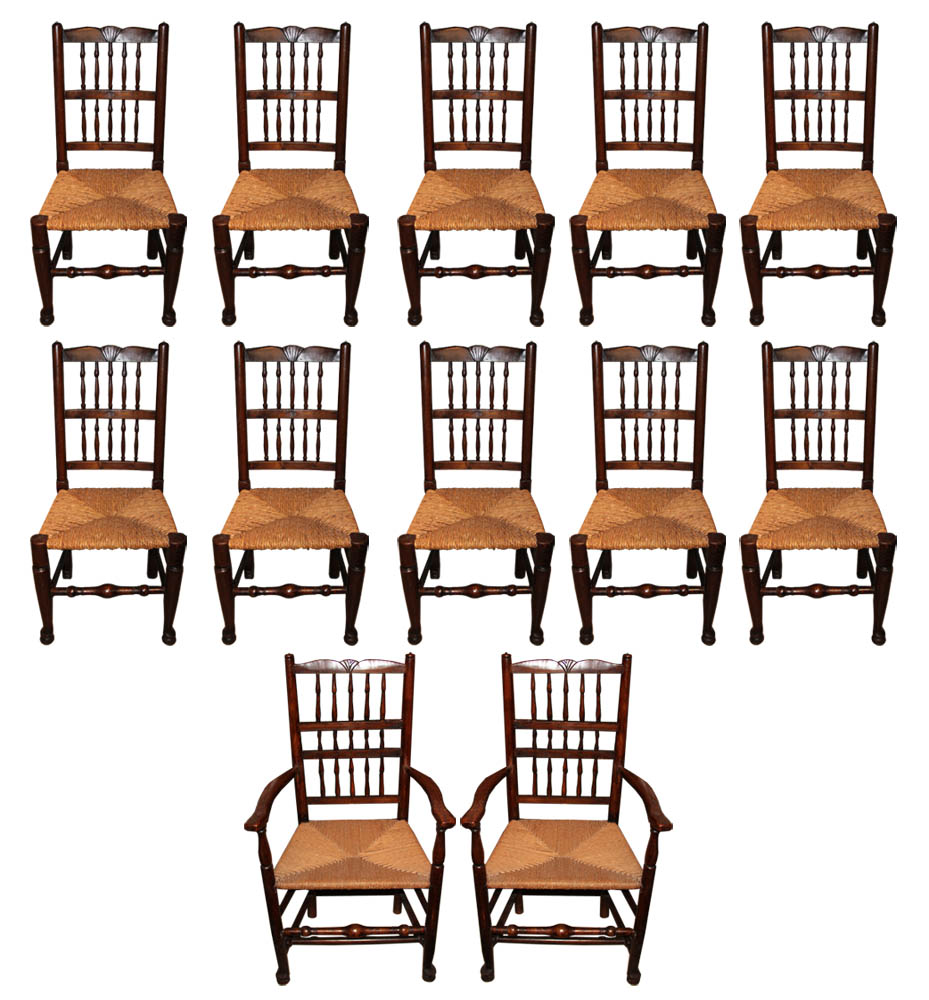 A Harlequin Set of Twelve 18th Century English Elmwood Spindle-Back Chairs No. 602