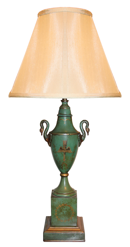 An 18th Century Empire Green Polychrome Tole Lamp with Swan-Neck Handles No. 617