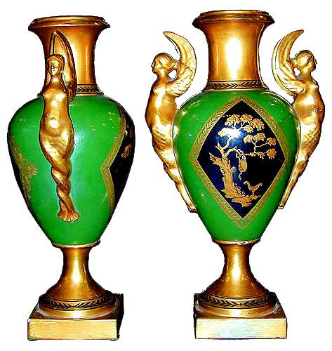 A Pair of 19th Century Neoclassic Porcelain De Paris Verde Urns No. 1963