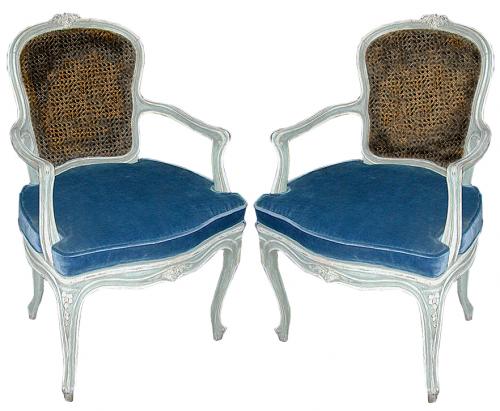 A Pair of 19th Century French Louis XV Style Blue Polychrome Armchairs No. 589