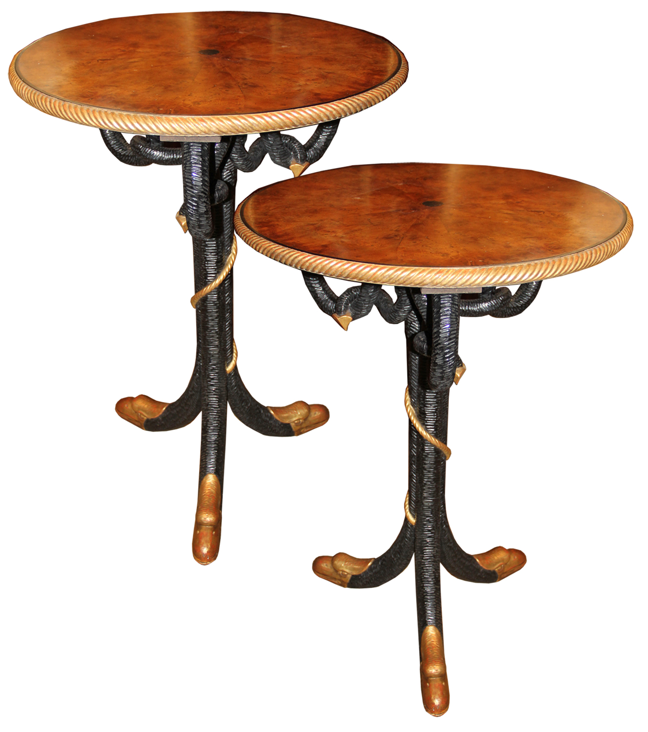An Unusual Pair of 19th Century Italian Burl Elmwood, Ebonized and Parcel-Gilt Side Tables No. 4516