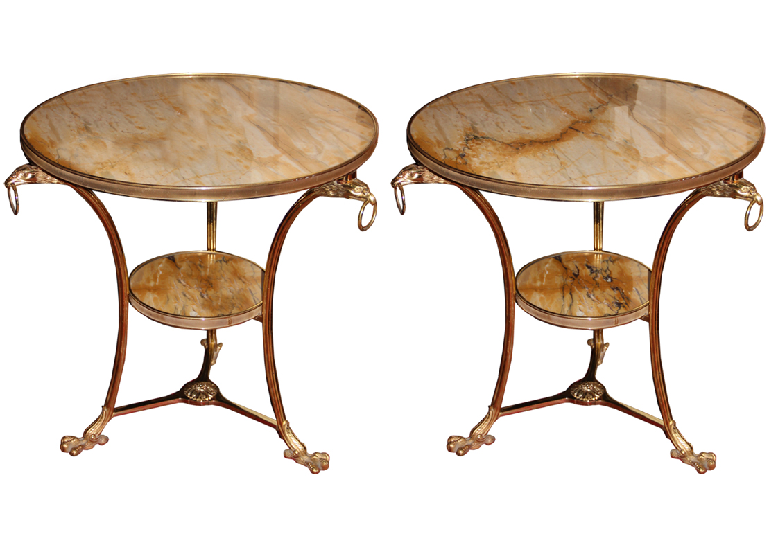 A Pair of 19th Century Louis XV Ormolu Gueridons with Unusual Siena Marble Tops and Conforming Undertiers No. 4517