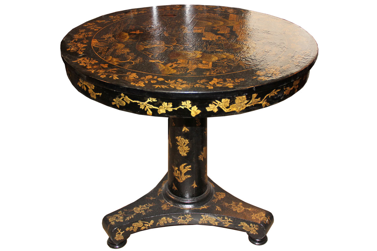 A 19th Century English Regency Chinoiserie Black and Parcel-Gilt Lacquered Center Table No. 4539