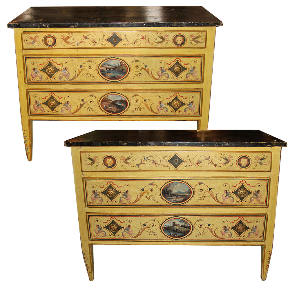 An Elegant Pair of 18th Century Neoclassical Luccan Louis XVI Polychrome Commodes No. 4556