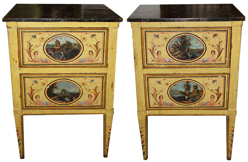An Elegant Pair of 18th Century Neoclassical Luccan Louis XVI Polychrome Bedside Table Commodini No. 4557