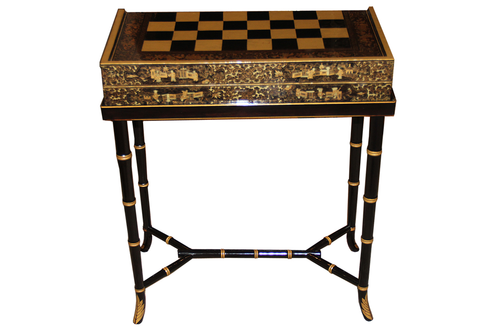 A 19th Century English Import Chinoiserie Black Lacquer Games or Cocktail Table No. 4583
