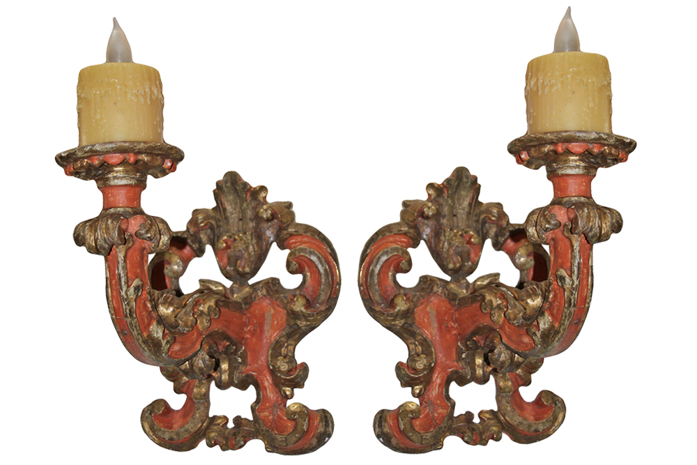 A Pair of 18th Century Baroque Italian Polychrome and Parcel-Gilt Sconces No. 4593