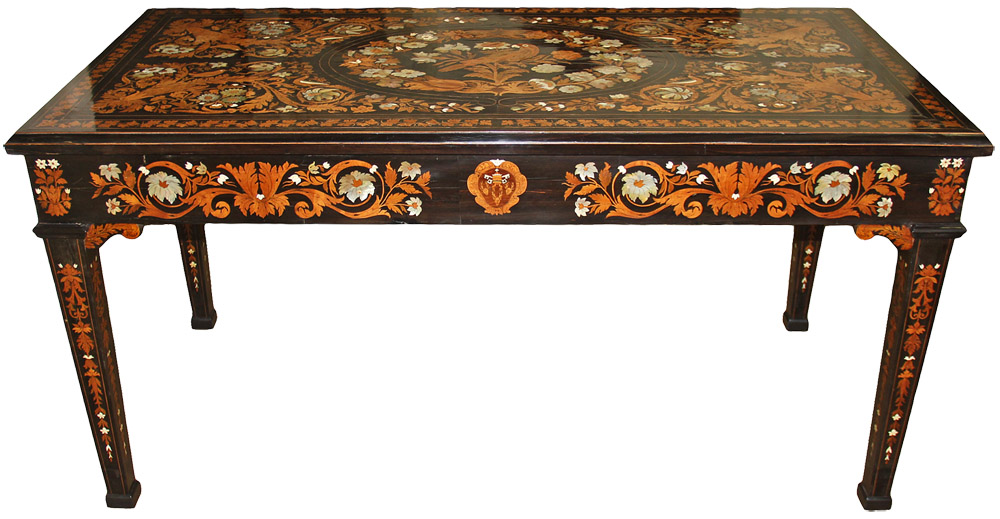 A Mid-19th Century Italian Masterpiece of Marquetry and Parquetry Mother-of-Pearl, Bone and Exotic Wood Inlaid Ebony Table, Created by Luigi and Angelo Falcini No. 4596