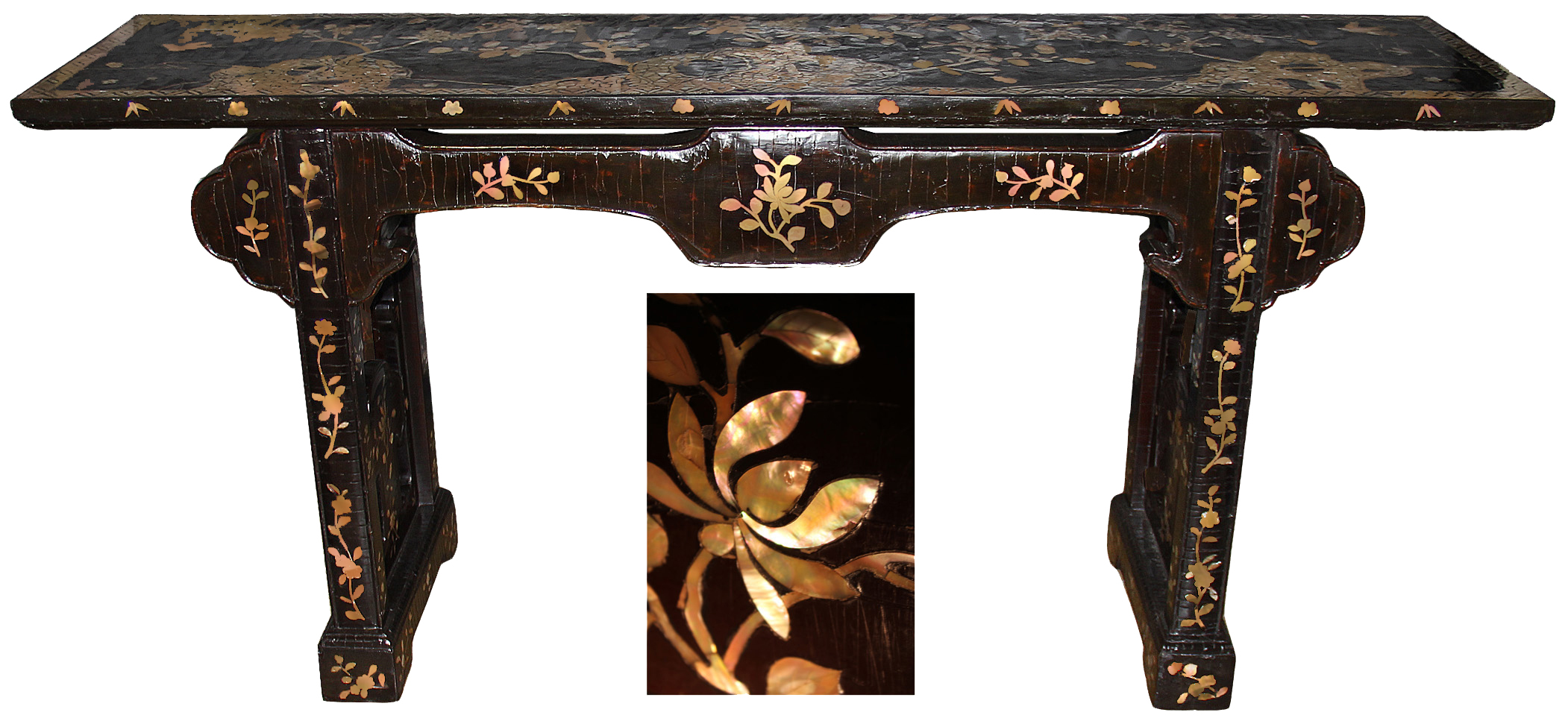 A Fine Late 17th Century (Post Manchu Invasion by China) Exuberantly Colorful Qing Dynasty Black Lacquer and Abalone Inlaid Altar (or Sofa) Table No. 4597