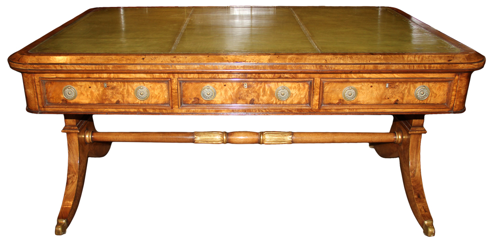 A 19th Century English Regency Burl Elmwood and Parcel-Gilt Partners Desk No. 4598