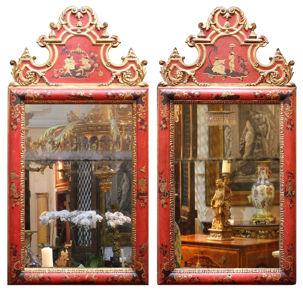 A Striking Pair of Late 18th Century Italian Parcel-Gilt and Polychrome Red Lacquer Chinoiserie Mirrors No. 4608