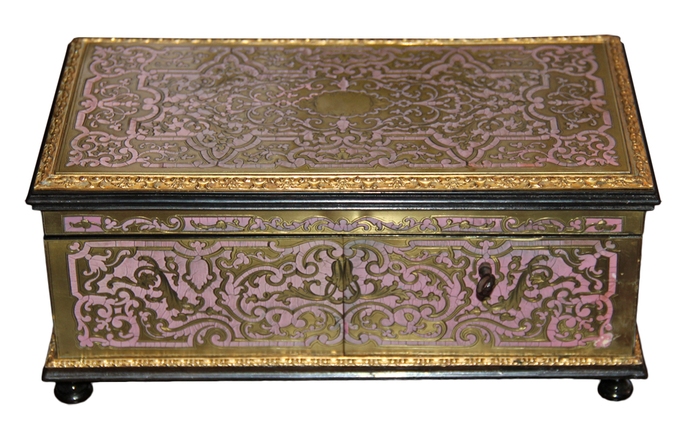 A Rare French 19th Century Pink Enamel Marquetry Boullework Ebonized Box No. 4615