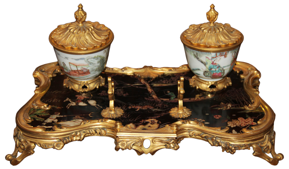 A 19th Century French Louis XV Style Bronze Doré, Black Lacquer and Porcelain Chinoiserie Inkwell No. 4630