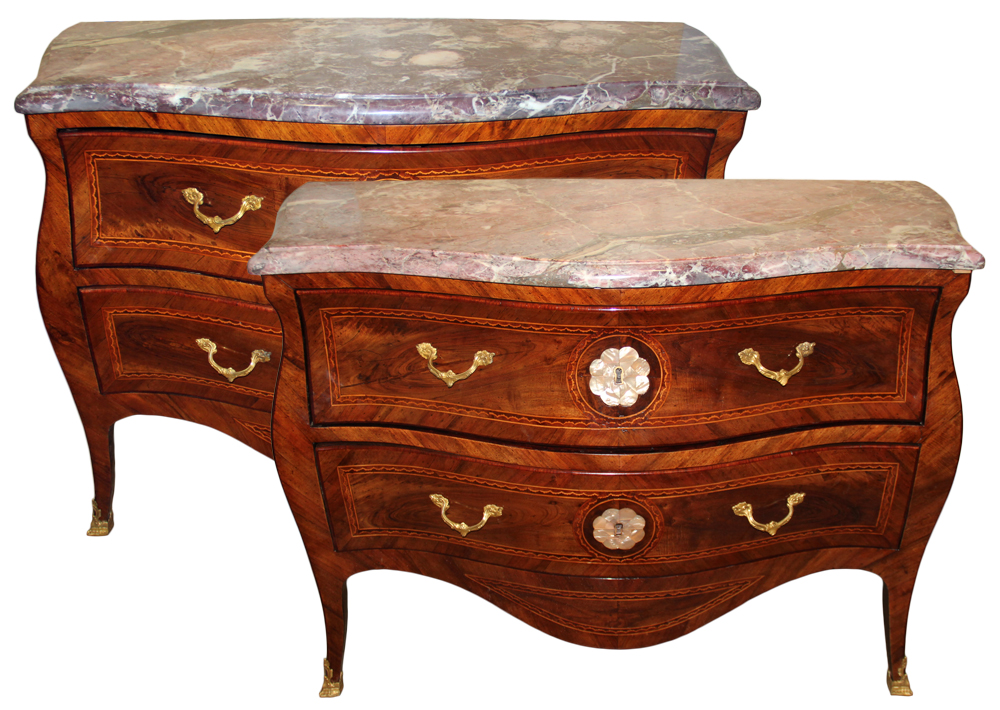 A Unique Pair of 18th Century Neapolitan Burl Walnut, Mother-of-Pearl, Parquetry Bombé Serpentine Commodes No. 4642