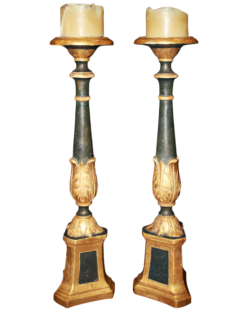 A Pair of 18th Century Italian Polychrome and Parcel-Gilt Pricket Candlesticks No. 4674