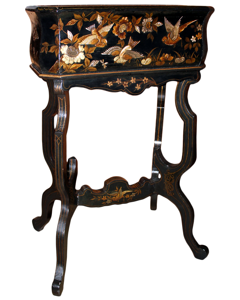 A 19th Century English Chinoiserie Black Lacquered Jardinière Raised on a Conforming and Shaped Stand No. 4686
