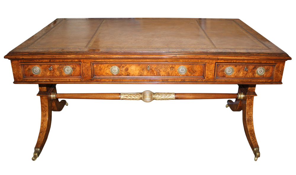 A 19th Century English Regency Burl Elmwood and Parcel-Gilt Partners Desk No. 4689